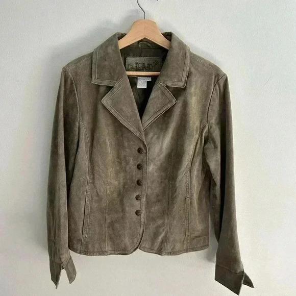 Vintage 100% Leather Suede Olive green snap button jacket blazer sz L - Picture 1 of 10